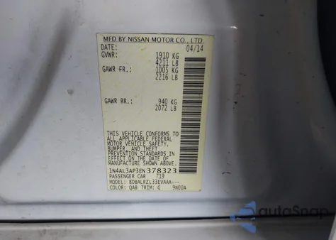 2014 Nissan Altima 2.5/2.5 S/2.5 Sl/2.5 Sv z USA, uszkodzony, nr VIN 1N4AL3AP3EN378323